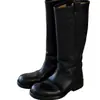 Botas de cuero genuino 2026 otoño/invierno de tacón bajo, punta redonda, hasta la rodilla, botas de moda negras