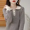 Estilo Nuevo de Primavera Algodón Puro Cuello Polo Tres Botones Cuadros Manga Larga Tejido Holgado Suéter Estilo Coreano Top para Mujer