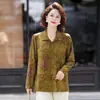 Nova coleção de outono e primavera: Camisa básica de manga comprida com gola para mulheres, 2026, camiseta estampada estilosa, estilo de comprimento médio, projetada para mulheres de meia-idade e idosas