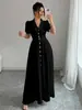 Novo Vestido Longo Branco Elegante Estilo Francês com Ajuste na Cintura e Decote em V