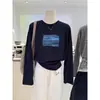 Camiseta de Manga Larga de Algodón Puro con Hombros Rectos para Mujer, Acanalada, Moderna, Casual, Versátil, Camisa Base Azul Marino para Primavera y Otoño