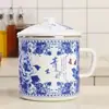 Tazas de té de esmalte antiguas con tapa, tazas de té de estilo nuevo, porcelana azul y blanca
