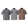 Camisa de Manga Corta con Parche Bordado de Letras con Pedrería y Cuadros Clásicos para Hombre, Nuevo Top Casual Holgado Vintage para Primavera/Verano para Mujer