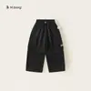 Calça Cargo Bangxuan Infantil para Meninas com Bolso Grande Cor Sólida Simples para Crianças Maiores Calça Longa à Prova de Vento para Uso Externo Tendência