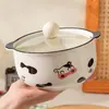 Tigela de cerâmica de vaca para macarrão instantâneo, tigela de sopa fofa de grande capacidade com duas alças e tampa, adequada para estudantes e uso doméstico, também ótima para servir macarrão de arroz caracol
