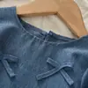 Conjunto Nuevo de Primavera y Otoño para Niñas Top con Capucha de Encaje y Lazo de Mezclilla Sintética Pantalones Largos Conjunto de Dos Piezas Ropa Infantil Transfronteriza