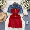 Vestido feminino estilo coreano, falso duas peças, retrô, jeans, manga curta, design de costura, zíper, corte justo, curto, com temperamento