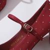 Zapatos Mary Jane Rojos con Correa Única para Mujer, Nuevo Estilo 2025, Zapatos de Boda con Tacón Grueso, Zapatos Xiuhe, Tacones Altos de Punta Cuadrada, Zapatos de Boda de Boca Baja