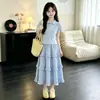 Moda Femenina Camisa Polo de Color Sólido de Moda de Manga Corta de Verano Delgada Falda Dulce de Encaje Conjunto de Dos Piezas de Princesa