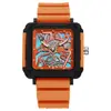 Modelo novo transfronteiriço, estiloso e chamativo, mostrador grande, colorido, refletivo, relógio quadrado de silicone, relógio de pulso masculino com calendário, relógio de quartzo