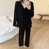 Conjunto de Pijama de Algodón para Mujer, Primavera y Otoño, Estilo Coreano, Diseño Simple, Manga Larga, Pantalón Largo, Holgado, Casual, Se Puede Usar al Aire Libre, Conjunto para Casa