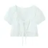 Blusa Feminina Sexy Renda Franzida Manga Bufante Curta Gola Redonda Renda Franzida Borda Ondulada Estilo Retrô Francês 2026 Novo Produto