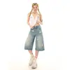 Calças casuais de perna larga com controle abdominal, que valorizam a silhueta para mulheres, calças jeans da moda de comprimento médio com estampa de estrelas, calças cropped azuis, novo estilo