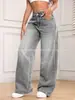 Jeans Largo de Cintura Alta Retro Cinza Céu Transfronteiriço para Mulheres, Estilo Europeu e Americano, Calças Longas Reta Slim-Fit Amazon