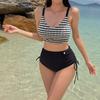 2025 Nuevo Bikini de Baño Europeo y Americano para Mujer Dividido Rayas Color Sólido Tirantes Cruzados Múltiples Cuerdas Bikini