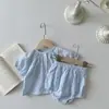 INS verão rosa bebê azul listrado orelhas de coelho bordadas conjunto masculino e feminino bebê manga curta cardigã shorts