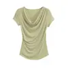 Camiseta sexy de estilo americano para mujer, con hombros descubiertos, fruncida, corte ajustado, manga corta, estilo de verano de lujo, color liso, top versátil y adelgazante