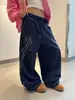 Calça de Moletom Unissex de Cintura Alta com Cordão e Strass, Design de Nicho Estilo Americano, Perna Larga, Solta, Casual, Moda, Comprimento no Chão, Estampa de Letras