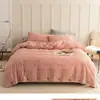 Juego de Cuatro Piezas de Algodón Puro Estilo Japonés de Lujo Ligero, Estilo Sencillo, Funda Nórdica con Tejido Jacquard Lavado, Funda de Colcha, Sábana Ajustable, Sábana Plana, Ropa de Cama