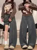 Pantalones Grises de Talla Grande con Pierna Curva para Mujer Otoño/Invierno Cintura Alta Holgados Adelgazantes Pantalones de Pierna Ancha con Felpa Pantalones de Pana Petite