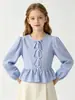 Camiseta de Manga Larga a Cuadros para Niña de Primavera y Otoño, Transfronteriza, con Múltiples Lazos en la Parte Delantera, Mangas Abullonadas, Ceñida a la Cintura y Top Corto con Volantes