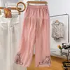 Pantalones de pierna ancha de algodón y lino de verano para mujer de mamá 2024 nuevos pantalones de algodón y lino para mujer en nuevo estilo chino con bordado verde, finos