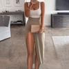 Europeu e Americano das mulheres ebay AliExpress desejo cintura alta contraste de cor slim split vestido de fibra de poliéster