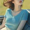 Elegante Versátil Bonita Azul Tricô Gola V Manga Curta Camiseta Feminina Verão Super Bonita Simples Camisa