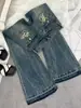 Jeans Retro Estilo Americano de Tiro Bajo Micro-Lar para Mujer Bordados Old High Street Spice Girl Ajustados Adelgazantes de Trompeta