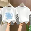 Camiseta de algodão puro de manga longa para meninas, estilo primavera e outono, corte solto, blusa base estilo duas peças falsas, gola redonda estilosa para meninas