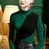 Camisa de cuello medio alto con base cepillada para mujer, corte entallado, costuras en contraste de color, manga larga, estilo coreano, otoño e invierno 2022