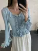 Blusa de Lã Slim com Gola Franzida e Manga Sino Redutora de Idade Francesa Feminina Branca Tamanho Único Preto Damasco