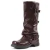 Botas largas negras plisadas de cuero genuino transfronterizas para mujer, nuevo estilo 2026, con diseño de pierna acampanada, resembling a botas de montar