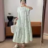 Ropa Nueva para Mujer, Estilo Dulce y Fresco, Cuello Redondo, Bordado Pesado, Vestido Largo de Algodón y Lino de Manga Corta, Vestido Holgado