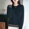 Nuevo Suéter de Punto de Algodón Puro con Cuello Redondo de Manga Larga para Mujer, Pulóver con Puños de Raya de Bloque de Color y Botones, Otoño/Invierno 2026