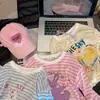Camiseta de Manga Larga Rayada para Niña, Estilo Coreano, Cuello Redondo Holgado, Camiseta Básica, Estampado de Dibujos Animados, Dulce Top Infantil, Clase A, en Stock