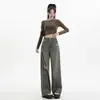 Jeans Oscuros Desgastados para Mujer 2024 Nuevo Verano Modernos Nuevos Delgados de Cintura Alta Sueltos con Colgante Pantalones de Pierna Ancha