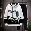 Sudadera de Otoño para Hombre de Manga Larga Estampada con Empalmes Pulóver Marca de Moda Atractivo con Capucha Traje Holgado Tops Juveniles