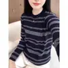 Nuevo top de punto a rayas de manga larga y cuello redondo para otoño, elegante y moderno, ropa para mujer de talla grande, suéter que cubre la barriga