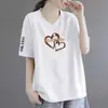 Camiseta Estilo Mãe de Comércio Exterior com Desconto Transfronteiriço, Gola V de Manga Curta para Mulheres, Blusa Estampada de Manga Meia-Manga Soltinha Plus Size para Mulheres
