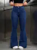 Jeans Feminino Azul Escuro Flare, Estilo Europeu e Americano Transfronteiriço, Elegante para o Trabalho, Cintura Alta Elástico, Hot Pants Emagrecedor 2026, Novo