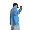 Camiseta Casual de Manga Larga Estilo Perezoso de Primavera y Otoño para Hombre, Delgada, Holgada, Jacquard, Protector Solar, Malla Azul, Estilo Americano