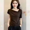 Algodón de 40 hilos [92% algodón, 8% spandex] Ropa para mujer talla grande de 100 kg, nuevo estilo de verano, camiseta de manga corta moderna