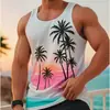 Regata Casual Masculina Transfronteiriça, Estilo Férias na Praia Estampa de Palmeira Pôr do Sol Roupa Íntima Esportiva Fitness