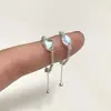 Anel Ajustável com Corrente de Pedra da Lua Iridescente S925, Fashion e Doce, Joia de Anel Tendência Estilo Japonês e Coreano para Presente de Mulheres