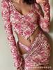 Ropa de Mujer Europea y Americana 2022 Verano Camiseta Corta de Manga Larga con Cuello en V Estampada para Mujer Moda Sexy Espalda Descubierta Ajustada Mujer