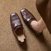 Mocassins Simples para o Dia a Dia Feminino, Sapatos Baixos Slip-On com Fivela e Bico Quadrado, Sapatos Pequenos Casuais Retrô de Couro Genuíno para Mulheres