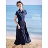 Vestido Casual de Verano 2026 con Cuello Polo, Patchwork, Cintura Ajustable, Corte Relajado y Mangas Cortas para Mujer