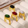 Anillo de piedra de cristal ovalada estilo corte francés, temperamento de lujo, acero de titanio chapado en oro de 18 quilates, joyería de mano para mujer, venta al por mayor