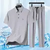 Traje Casual de Seda Helada de Verano para Hombre, Conjunto de Dos Piezas de Camiseta de Manga Corta y Pantalones para Papás de Mediana Edad, Ropa para Abuelos de Mediana Edad y Mayores